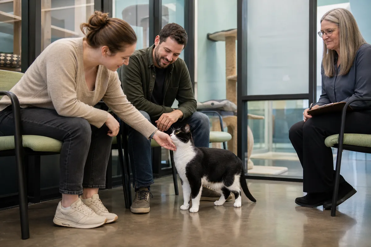 Adult shorthaired rescue cat meeting a family in an adoption room without implying a verified pedigree