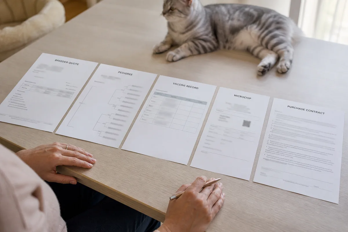 Breeder quote, pedigree, vaccine record, and contract organized for comparison with private details obscured