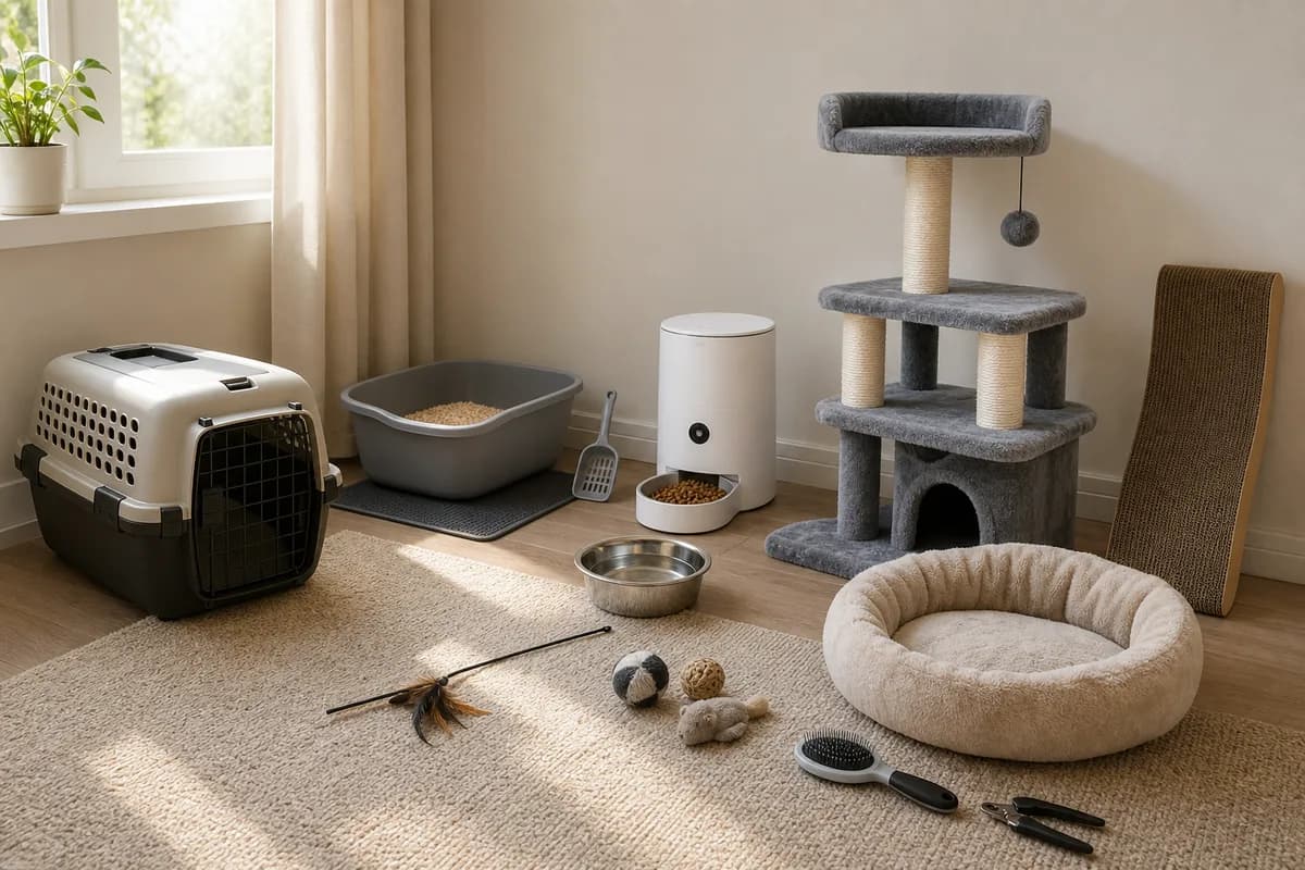 Carrier, feeder, litter setup, cat tree, scratcher, bed, and toys grouped by one-time and recurring setup needs