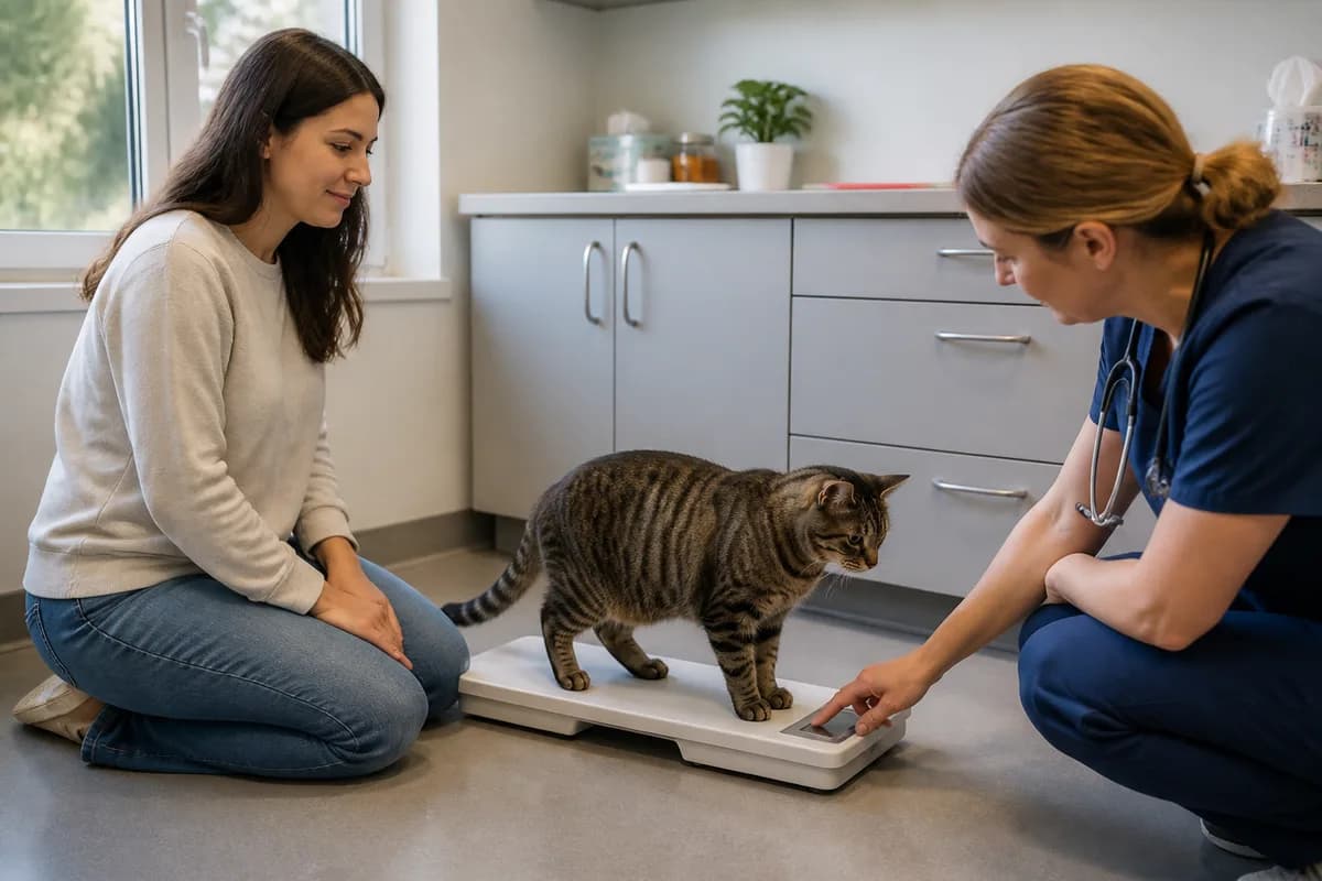 American Shorthair being weighed during a calm preventive veterinary visit with the owner present
