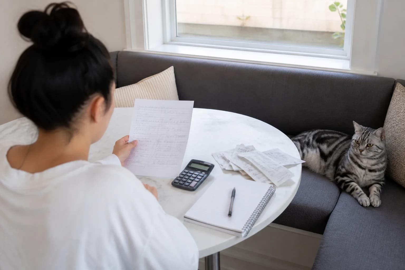 Prospective owner reviewing a written budget beside a calm silver tabby American Shorthair in a dining nook