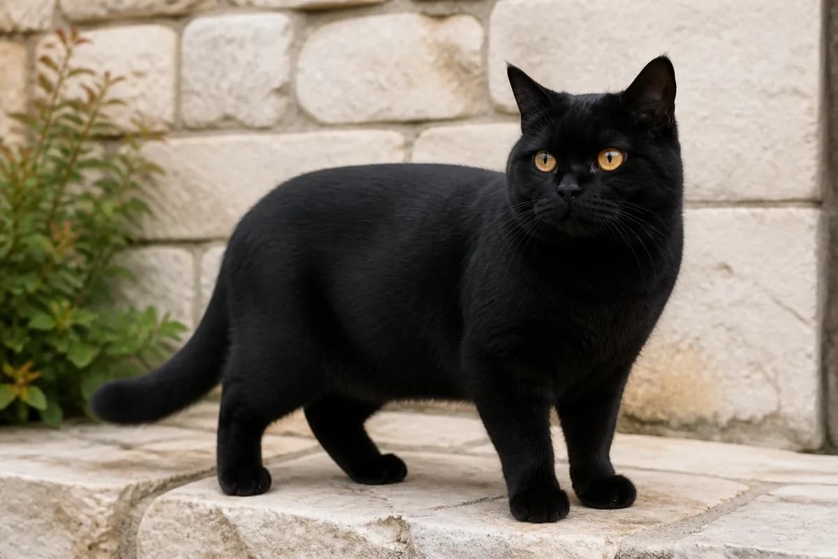 Solid black American Shorthair outdoors on pale stone with dense black coat, gold eyes, and broad round face visible