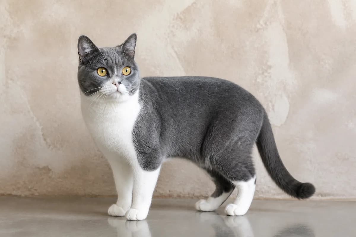 Blue-and-white American Shorthair in clean studio daylight showing an even blue-gray coat, white bib, and gold eyes