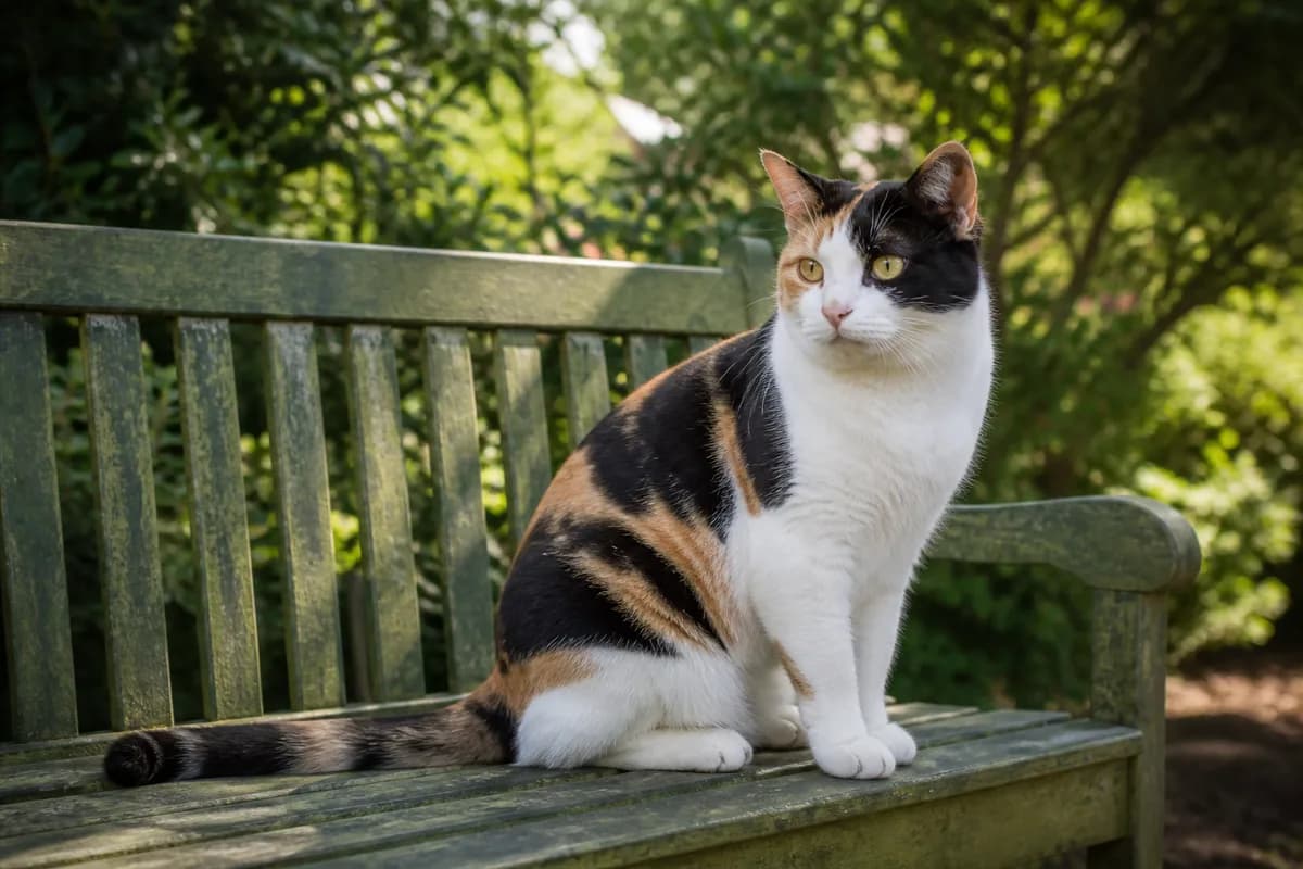 Calico American Shorthair on a garden bench showing distinct red, black, and white patches over a short dense coat