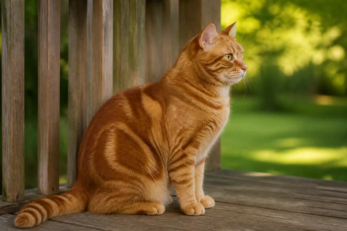 Red tabby American Shorthair on a shaded porch showing rich orange ground color and deeper red markings