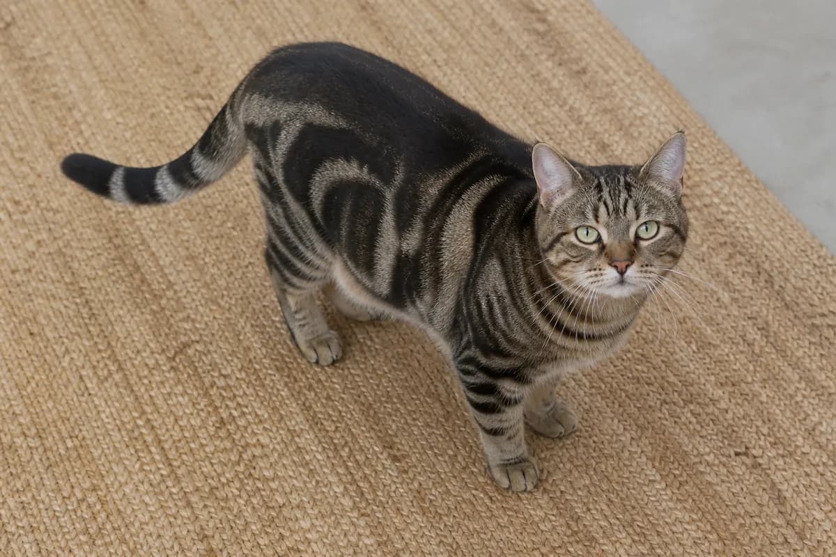 Brown classic tabby American Shorthair viewed from above on a woven rug with broad side swirls and tail rings visible