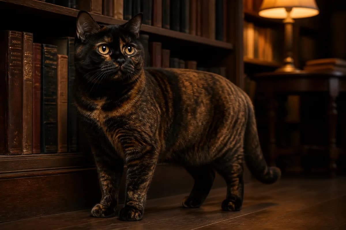 Tortoiseshell American Shorthair in a lamp-lit library showing intermingled black and red coat areas without white spotting