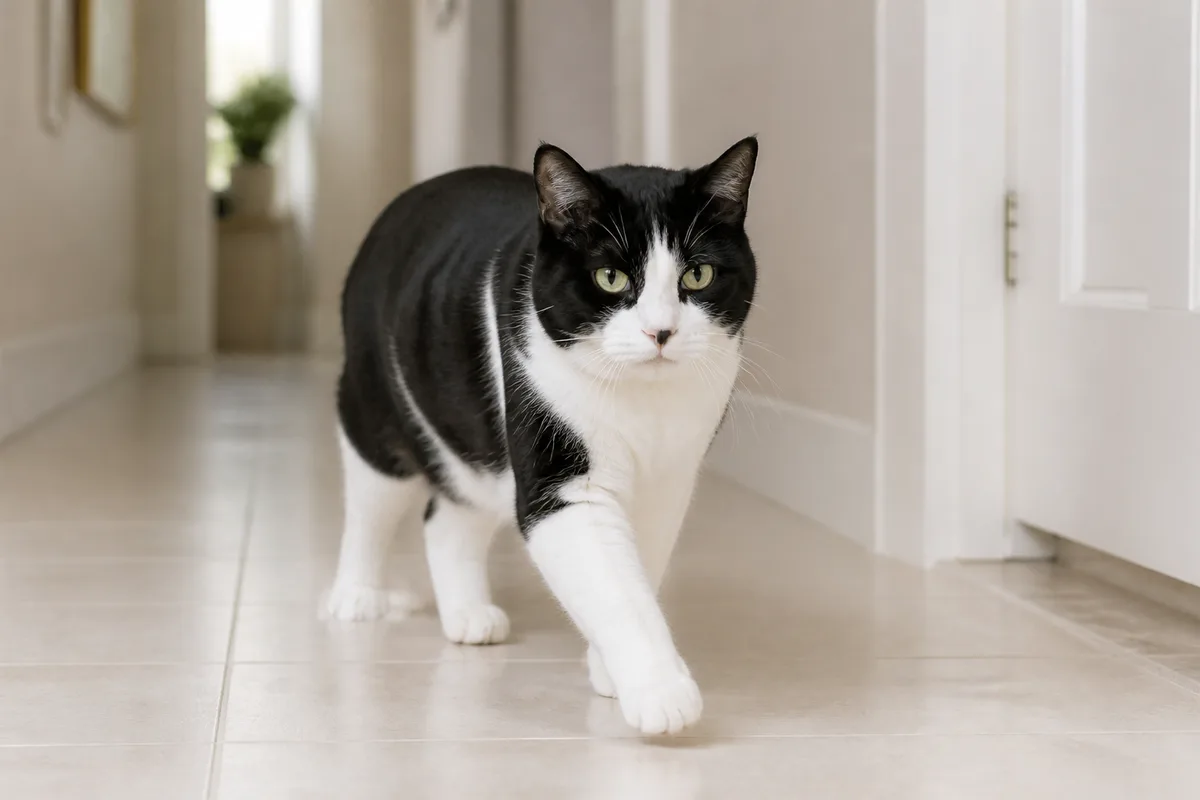 Black-and-white bicolor American Shorthair crossing a bright hallway with a clear white chest, paws, and muzzle