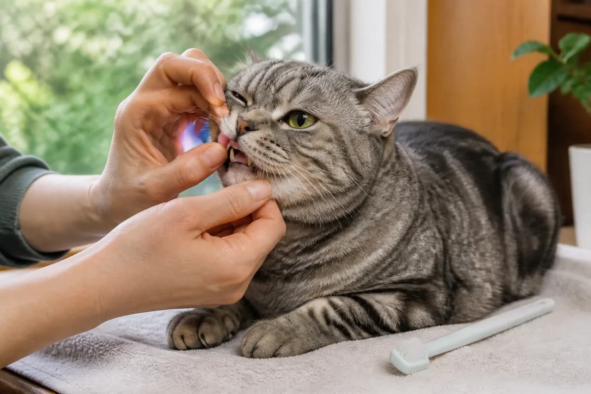 American Shorthair calmly accepting a brief home mouth-handling practice with a pet toothbrush nearby