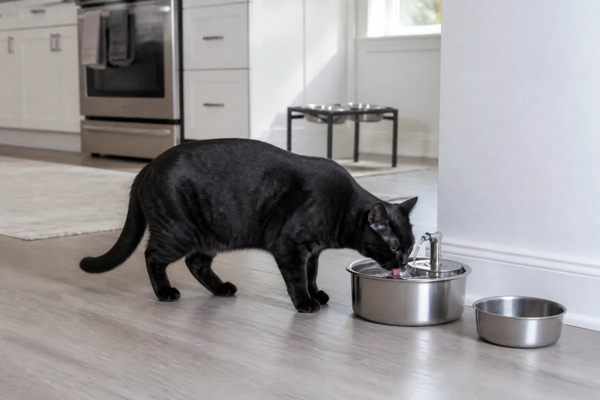 American Shorthair drinking from a stainless steel fountain placed away from its measured food station