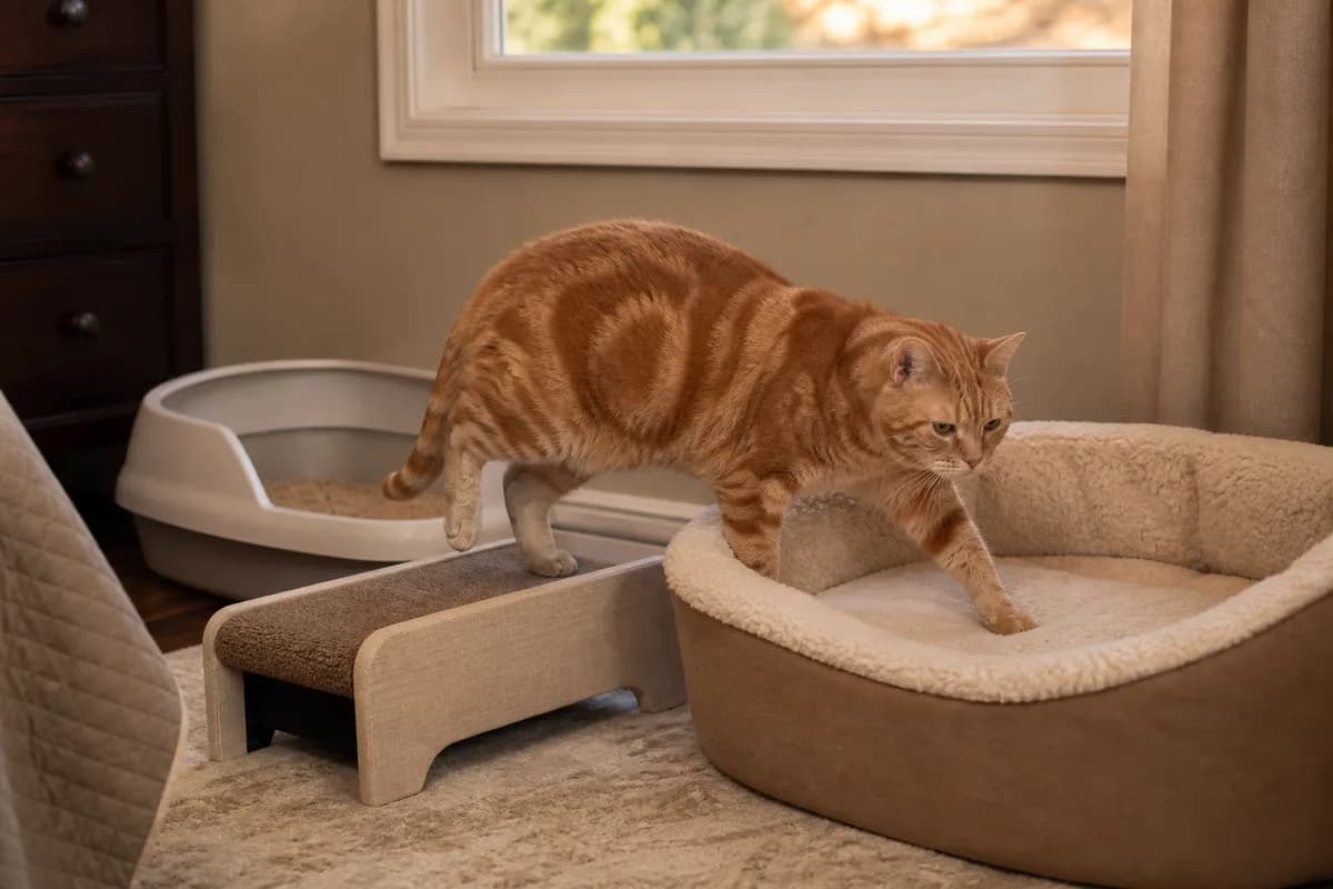 Senior American Shorthair using a low step to reach a warm bed beside an easy-entry litter box