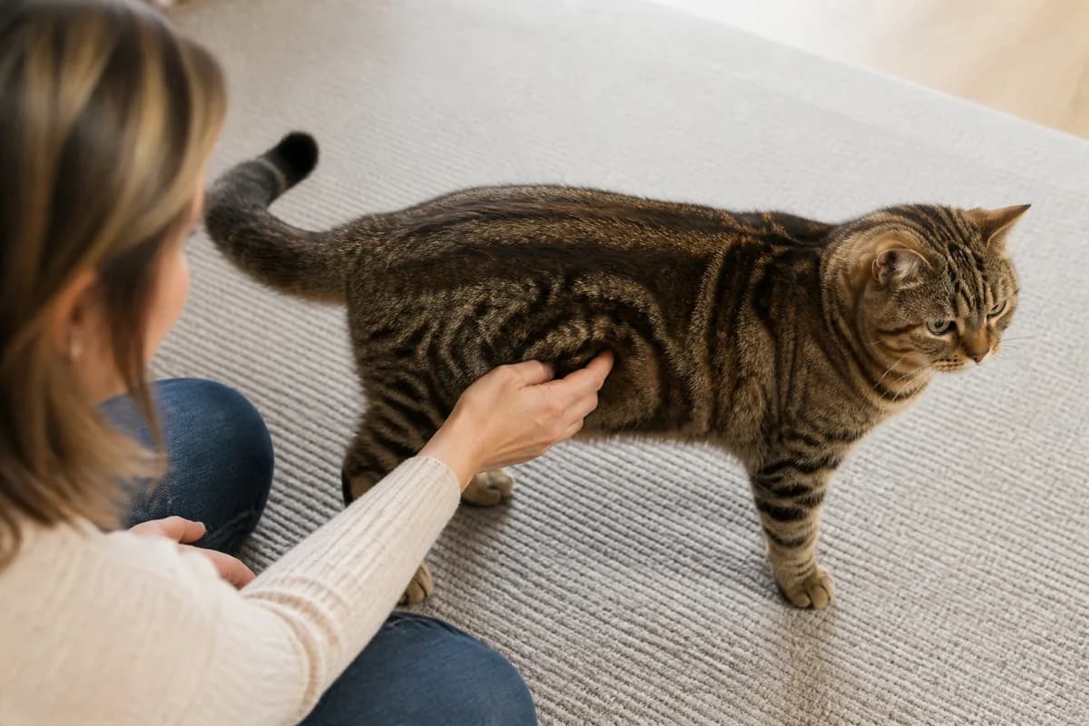 Owner viewing a standing American Shorthair from above and the side to discuss body condition without using a visual diagnosis chart