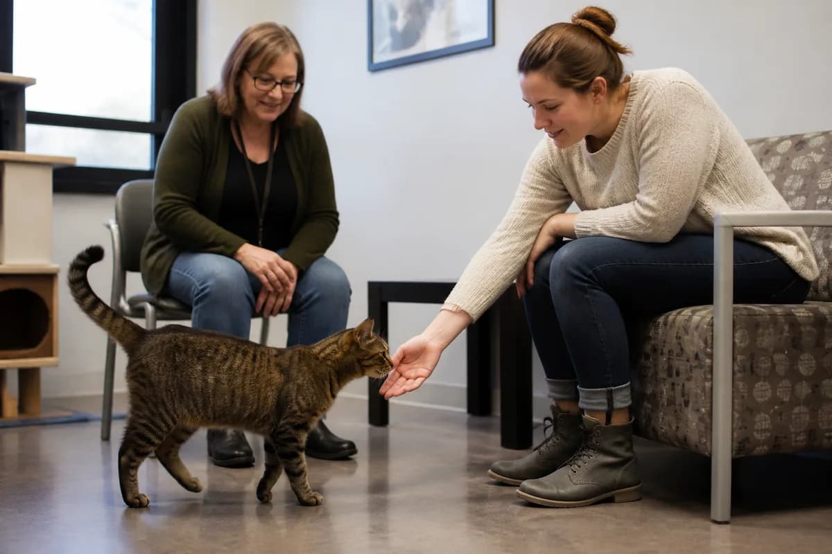 Shorthaired adult rescue cat meeting an adopter without implying confirmed American Shorthair pedigree