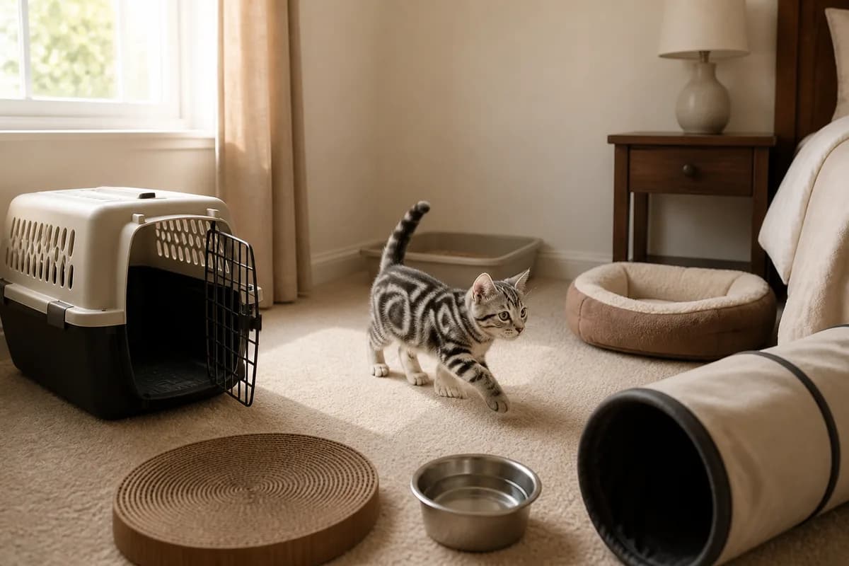 American Shorthair kitten exploring one quiet starter room with an open carrier, litter box, water, bed, and tunnel