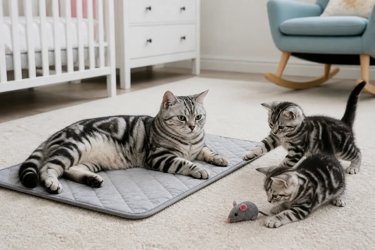 Healthy adult American Shorthair mother resting near two kittens in a spacious clean home environment
