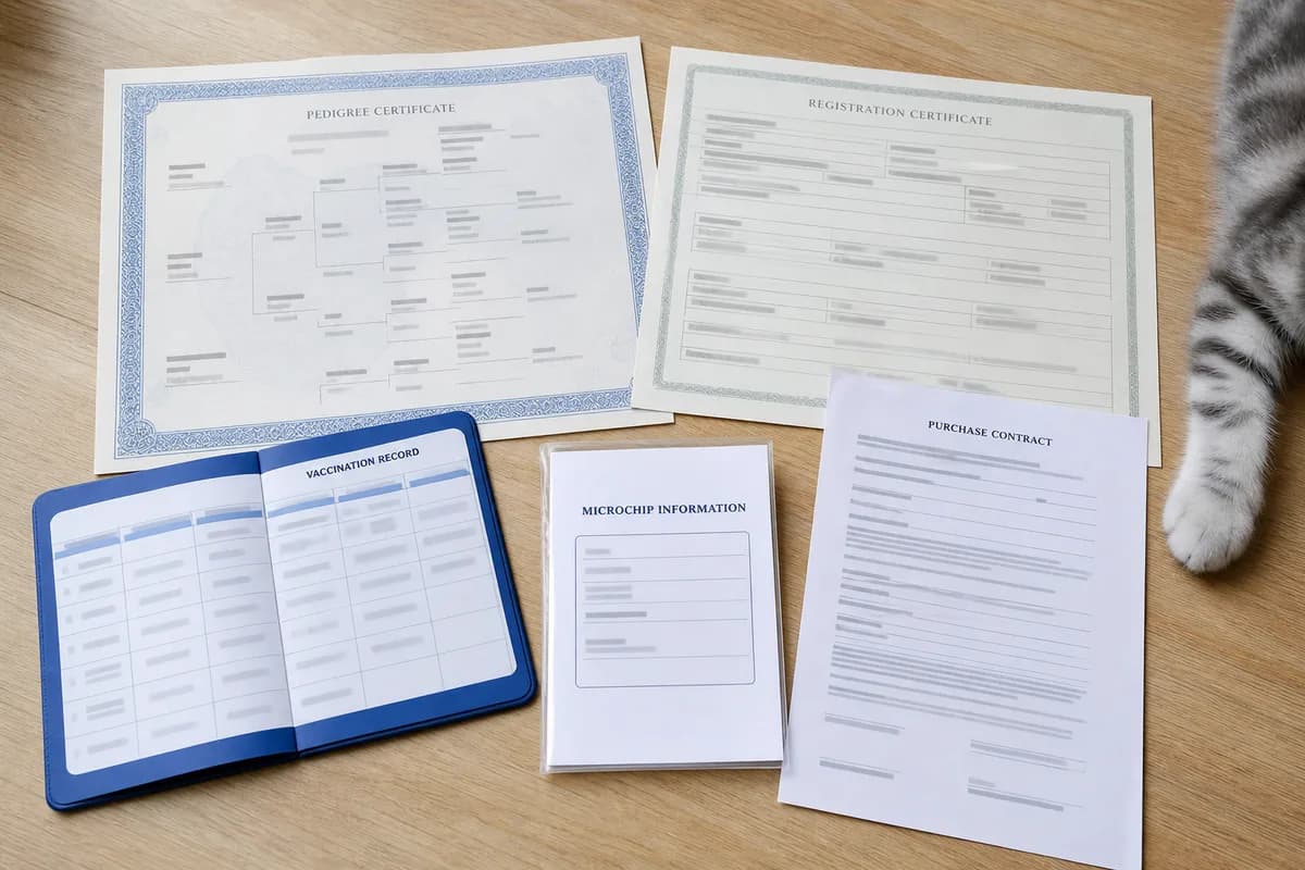 Pedigree, registration record, vaccine record, and microchip paperwork arranged for verification with personal details obscured