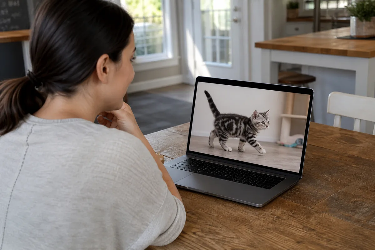 Buyer conducting a live video visit while an American Shorthair kitten moves naturally through its home environment