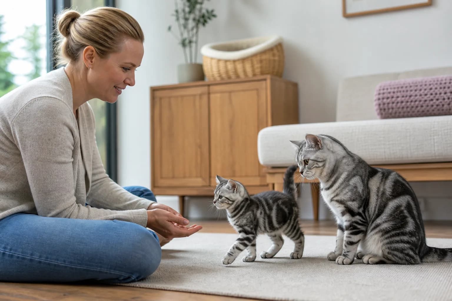 Prospective owner meeting a silver tabby American Shorthair kitten and its calm mother in a clean breeder living room