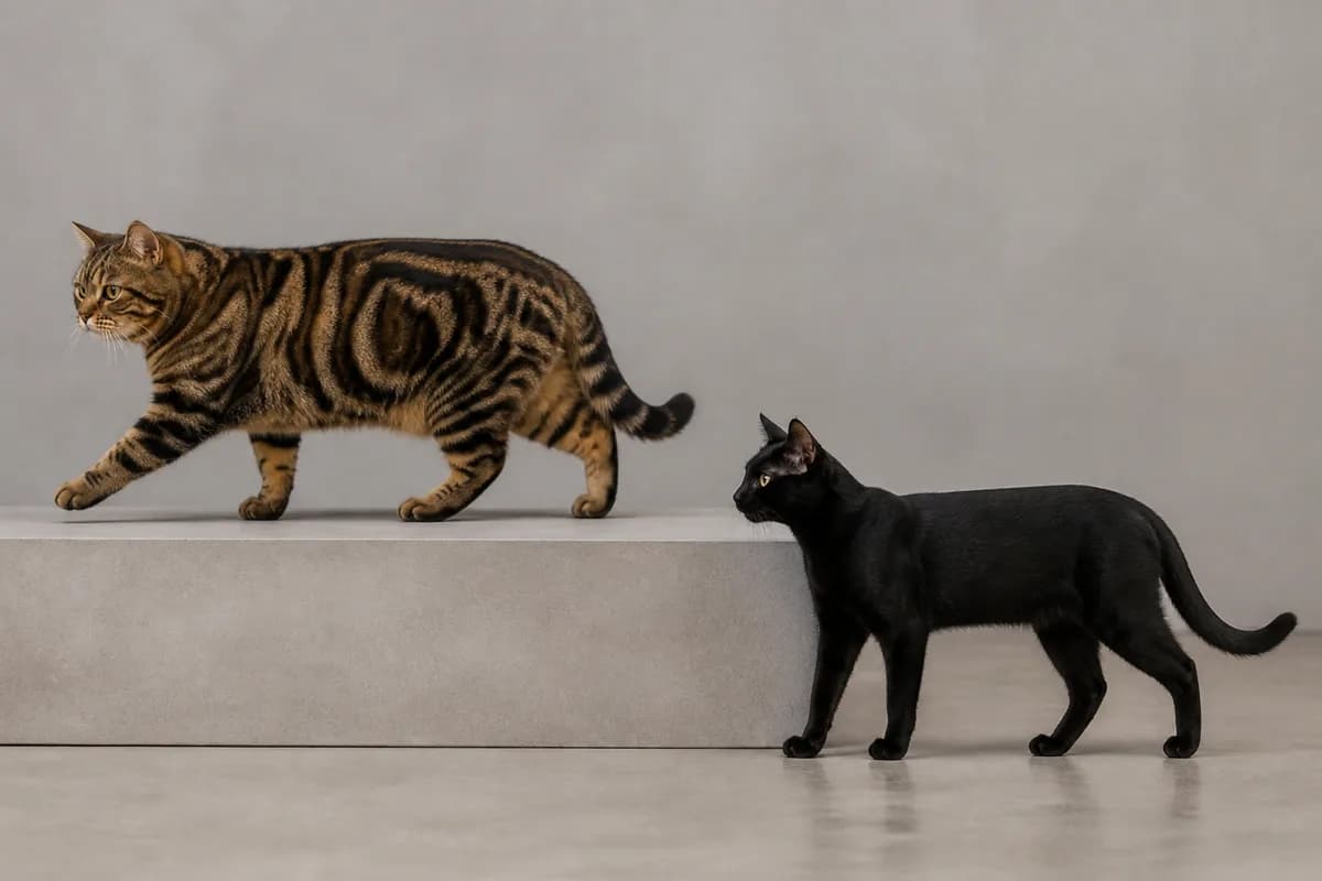 American Shorthair walking across a low platform while a leaner Domestic Shorthair stands on the floor, showing realistic individual variation