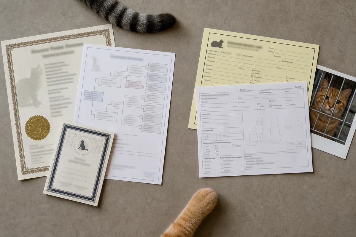 Pedigree and registry documents beside a shelter intake card with private details obscured, showing different evidence types