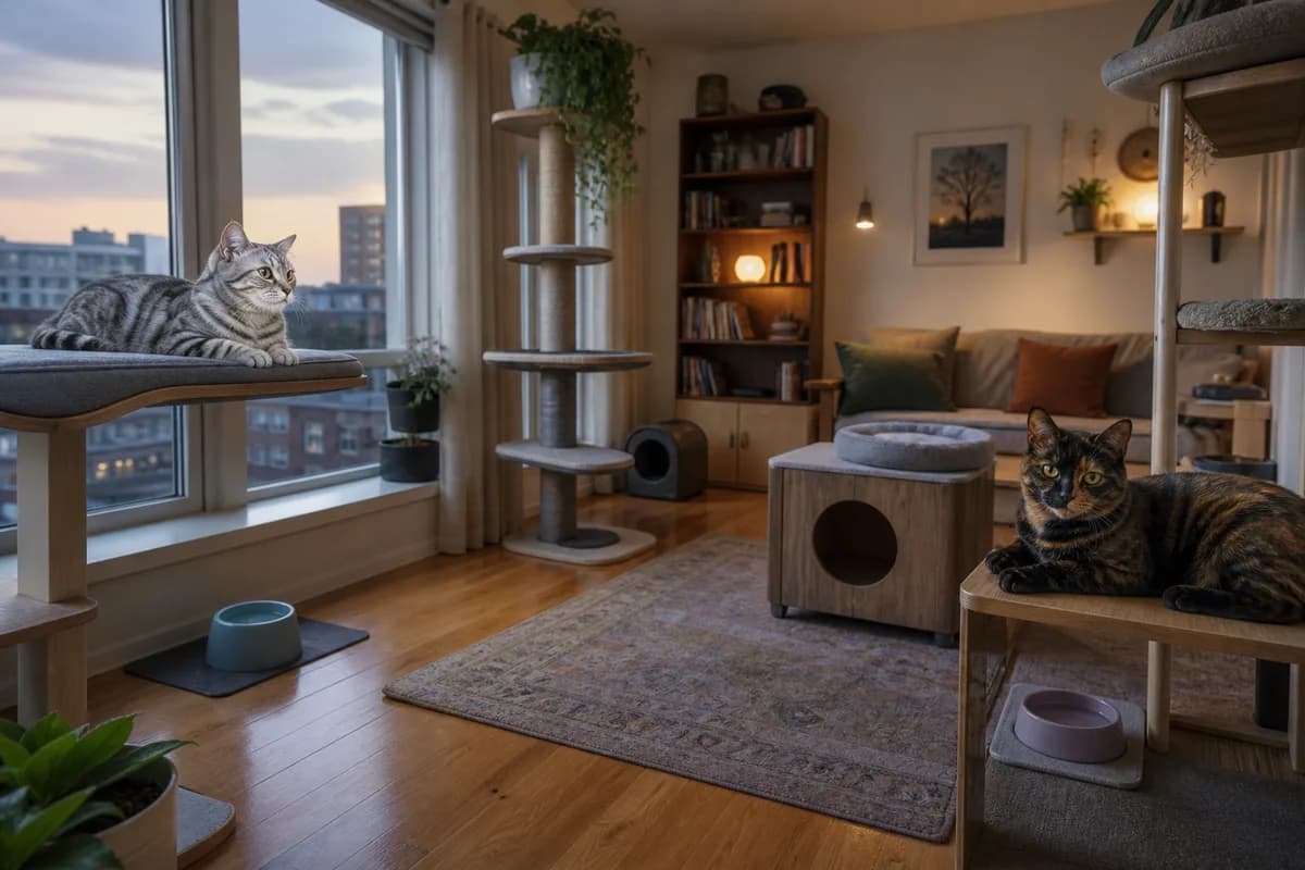 Two shorthaired cats using separate perches and resting zones in a thoughtfully arranged multi-cat home