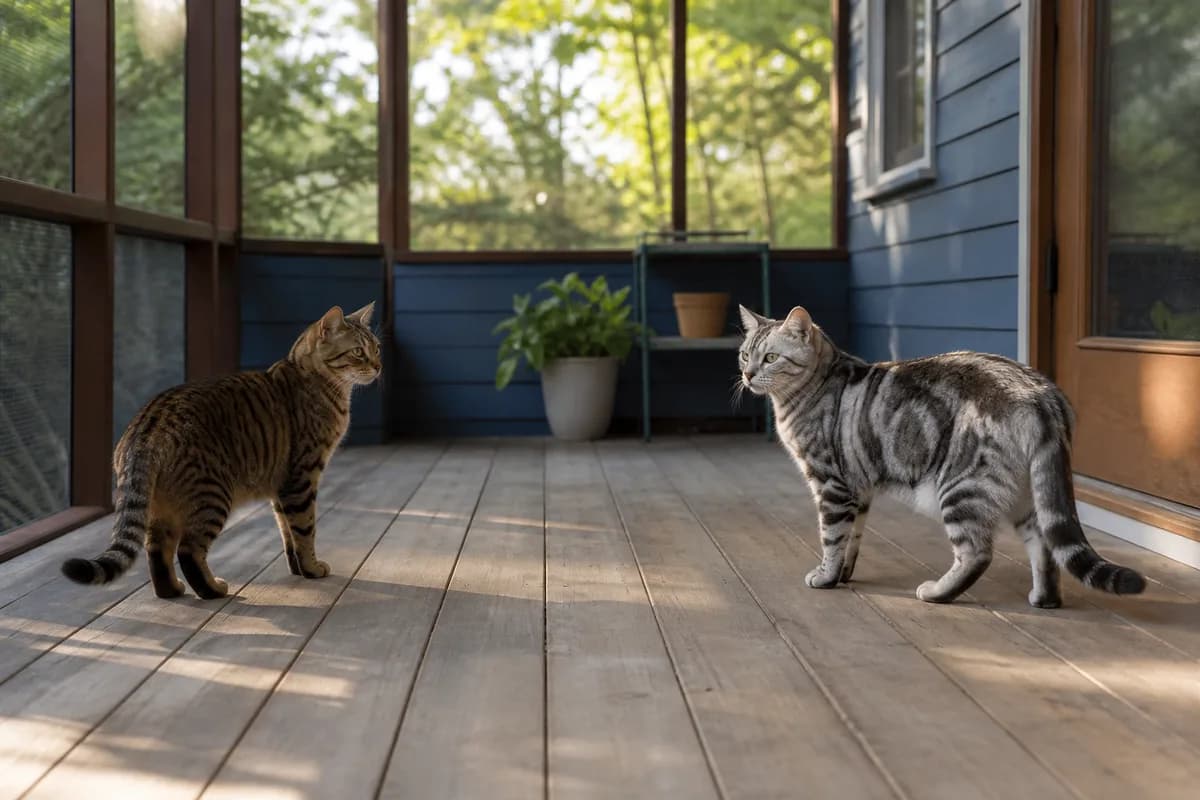 Brown tabby Domestic Shorthair and silver tabby American Shorthair on a screened porch, demonstrating that tabby is a pattern in many cats