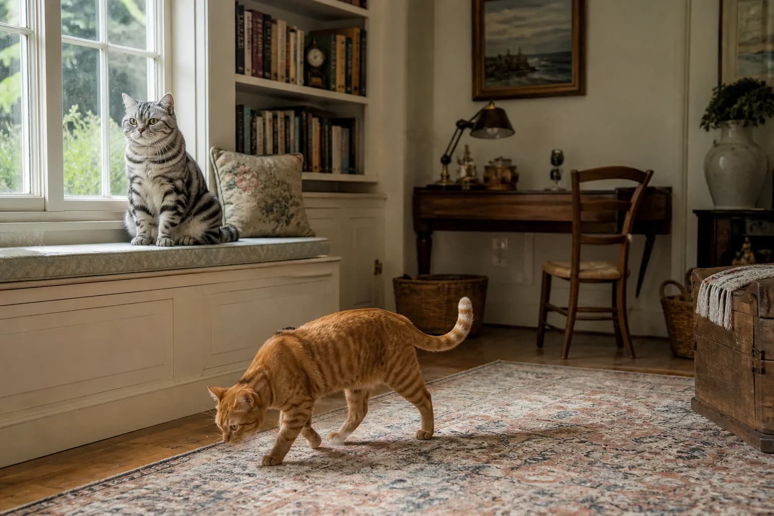 Pedigreed silver tabby American Shorthair on a window seat while a mixed-ancestry orange Domestic Shorthair explores the same lived-in room
