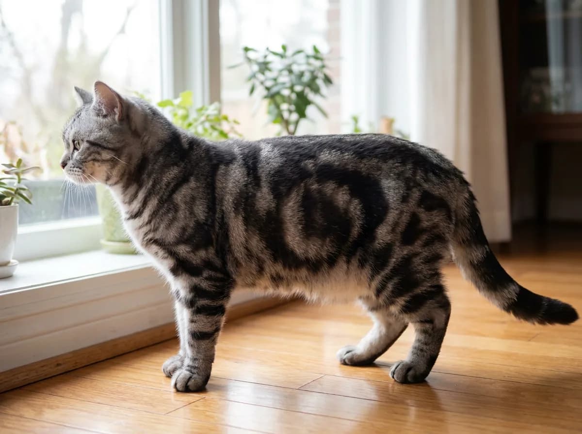 Silver tabby American Shorthair standing in profile with a smooth short coat