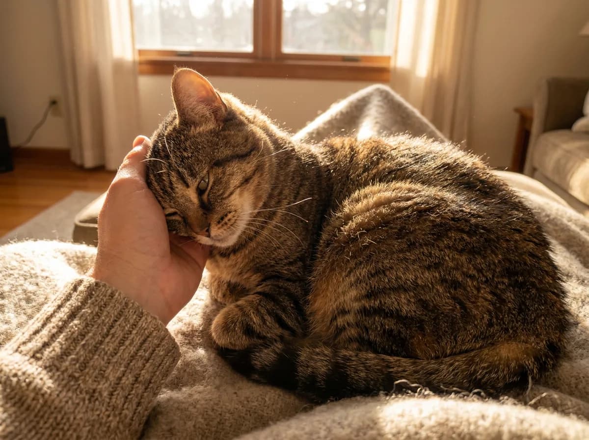 American Wirehair leaning into gentle contact with a seated person