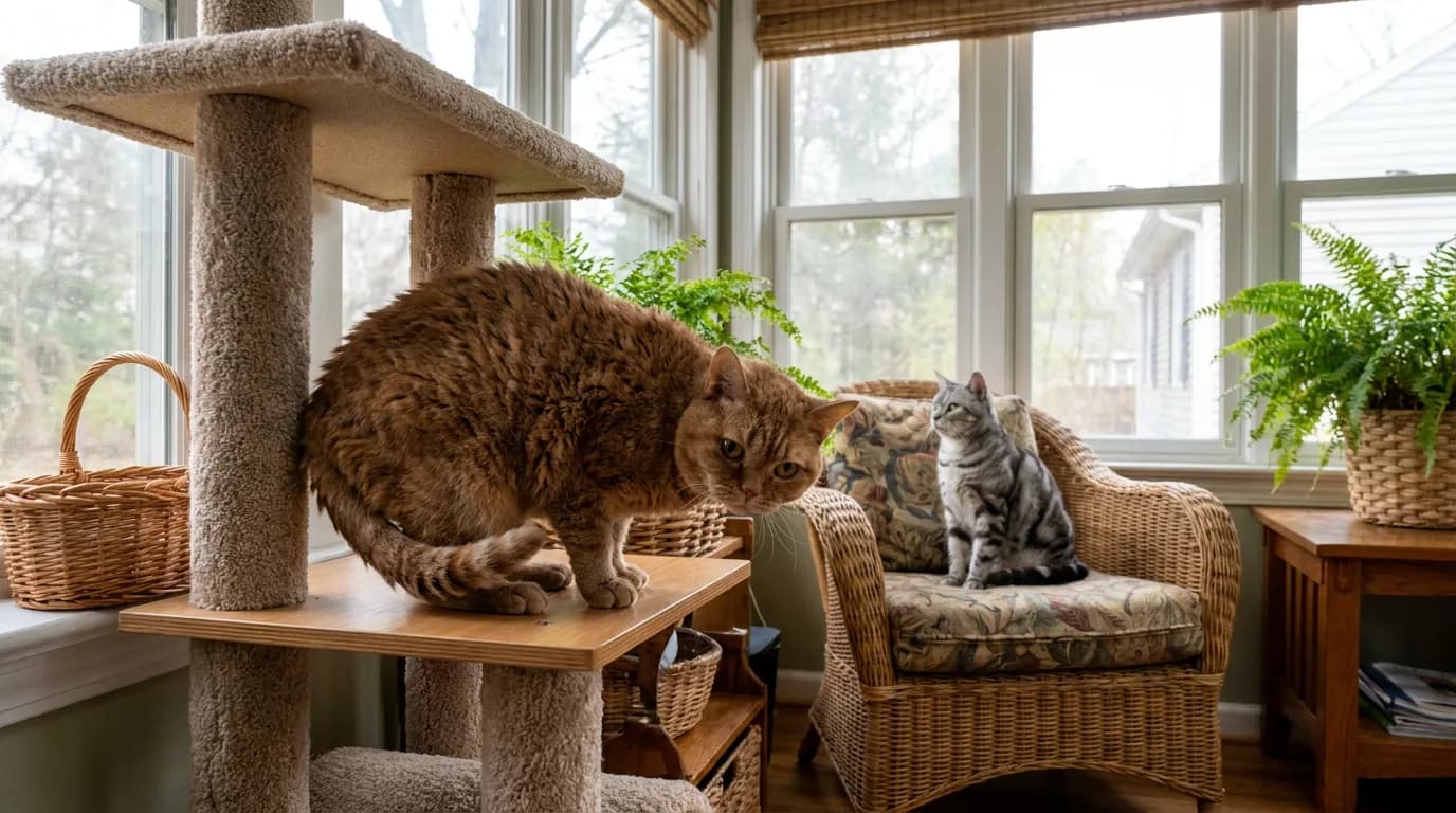 American Wirehair on a climbing platform with an American Shorthair on a nearby chair