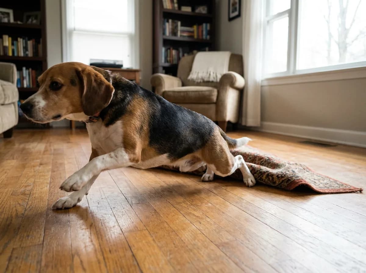 A tricolor beagle drags its hindquarters across a hardwood floor with its front legs stretched forward and a small rug bunched up behind it.