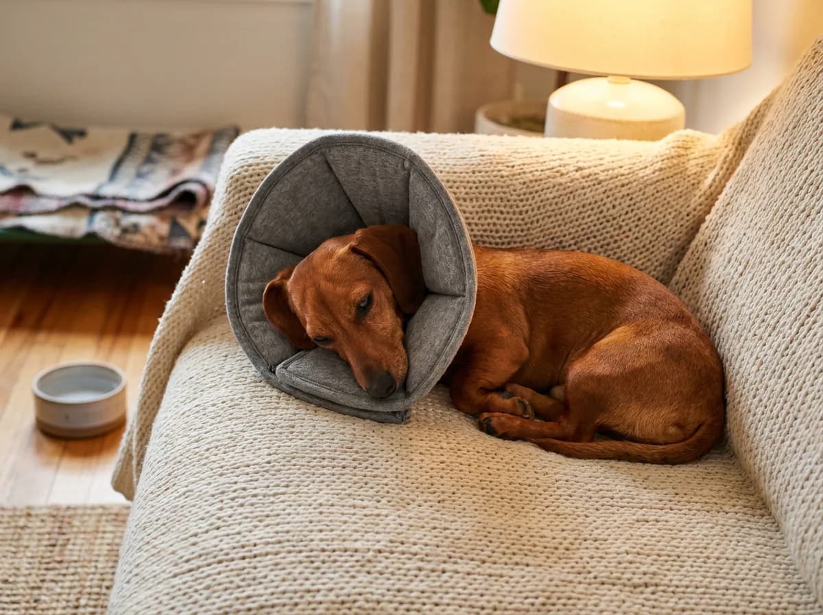 A red dachshund wearing a soft gray fabric recovery cone curls up asleep on a cream knit sofa, with a lamp and a small water bowl nearby.