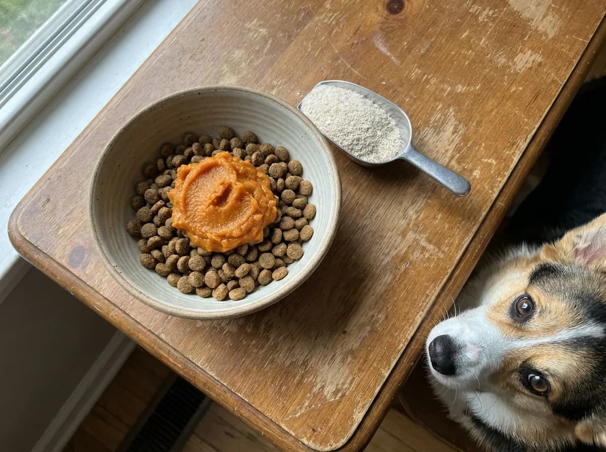 A stoneware bowl of kibble topped with plain pumpkin sits on a worn wooden table beside a metal scoop of pale fiber powder, while a tricolor corgi looks up from the lower right corner.