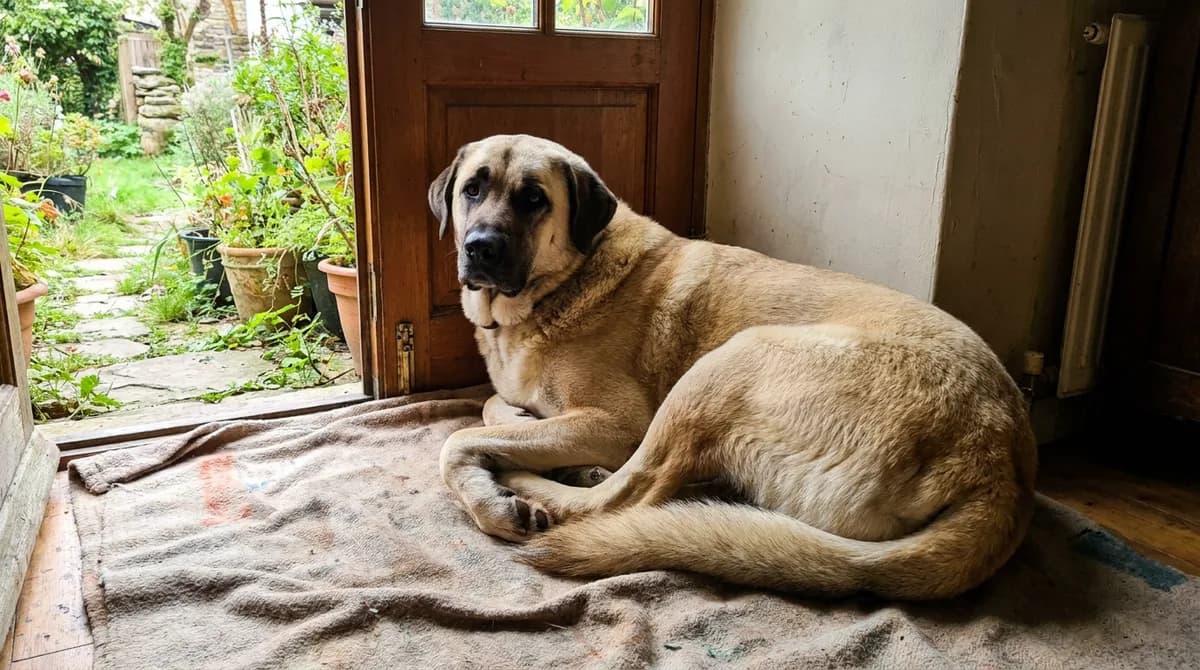 Comfortable mature Anatolian Shepherd resting near a sheltered garden doorway.