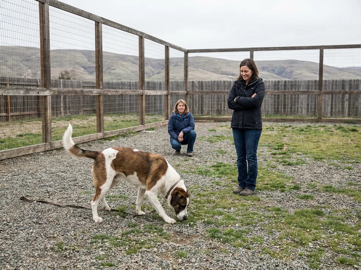 Adult handler observes a dog during a calm supervised meeting in an enclosed neutral area.