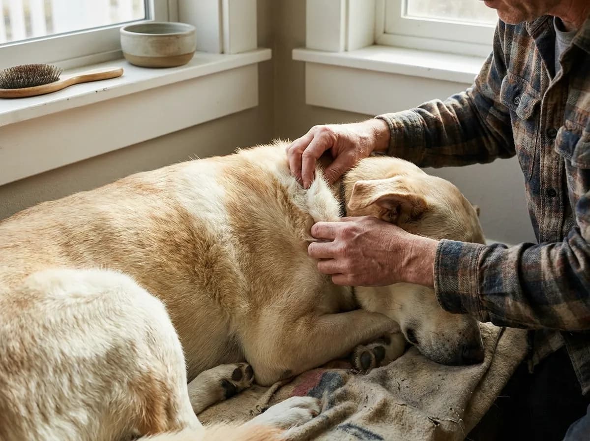 Handler gently parts a large dog's coat during a comfortable coat inspection.