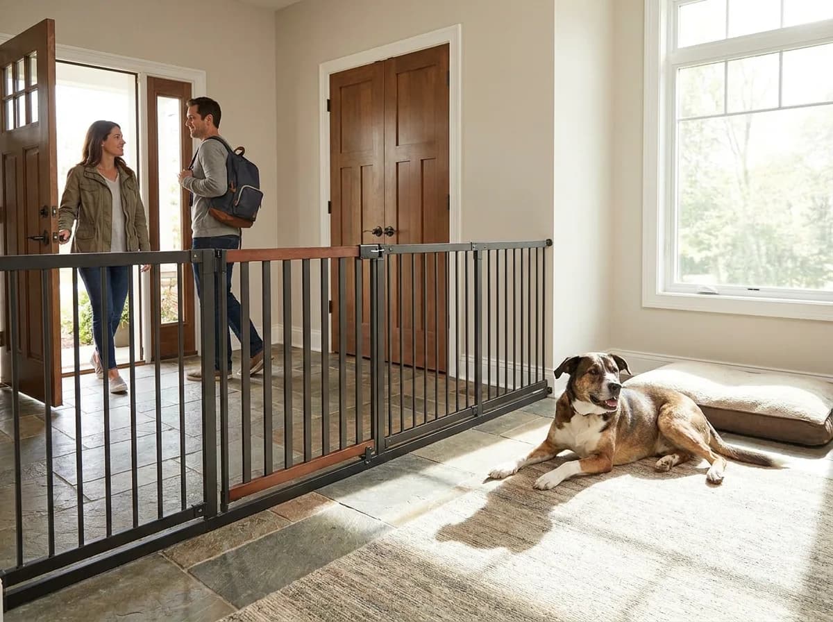 Secure interior gate separates a resting dog from the route used by an arriving visitor.