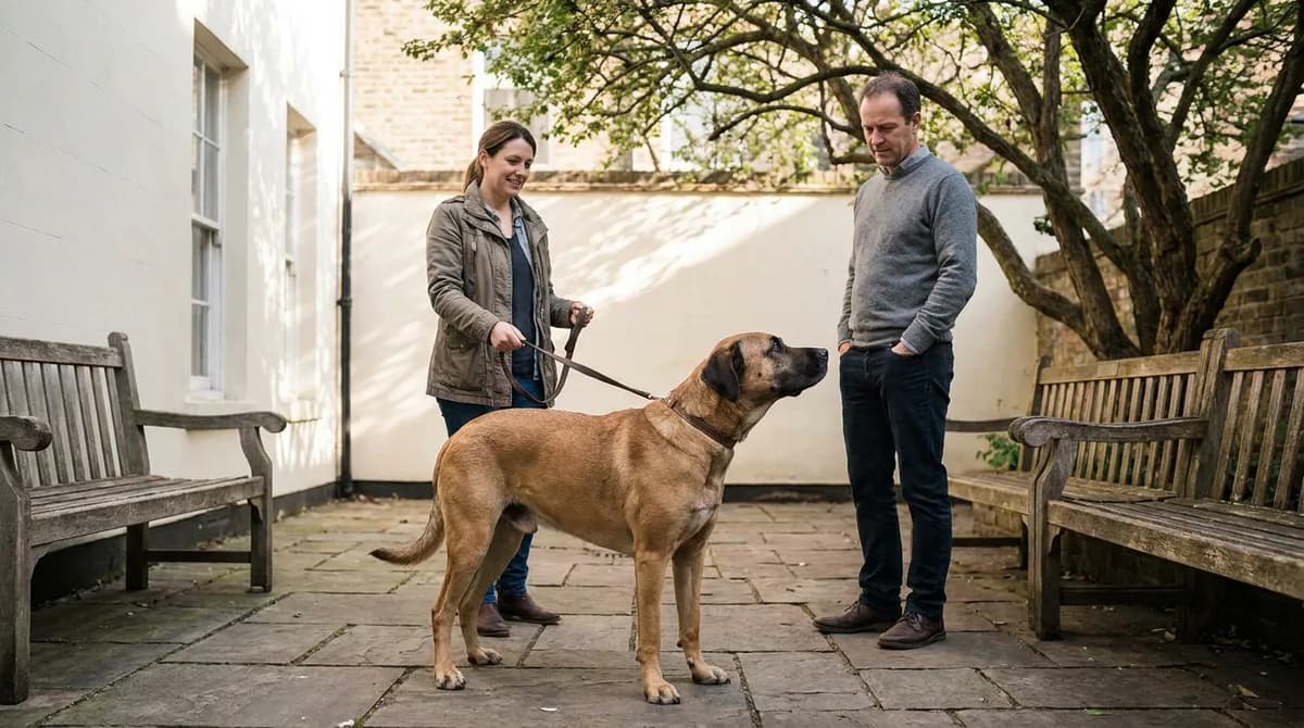 Large adult dog meets a prospective adopter with a handler nearby in a calm courtyard.
