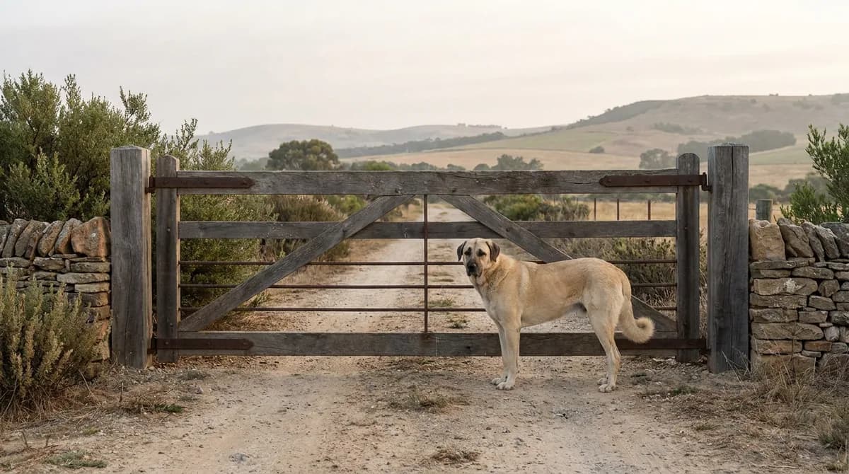 Fawn Anatolian Shepherd standing beside a farm gate.