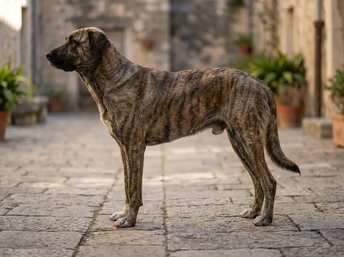 Brindle Anatolian Shepherd standing in side profile on level paving.