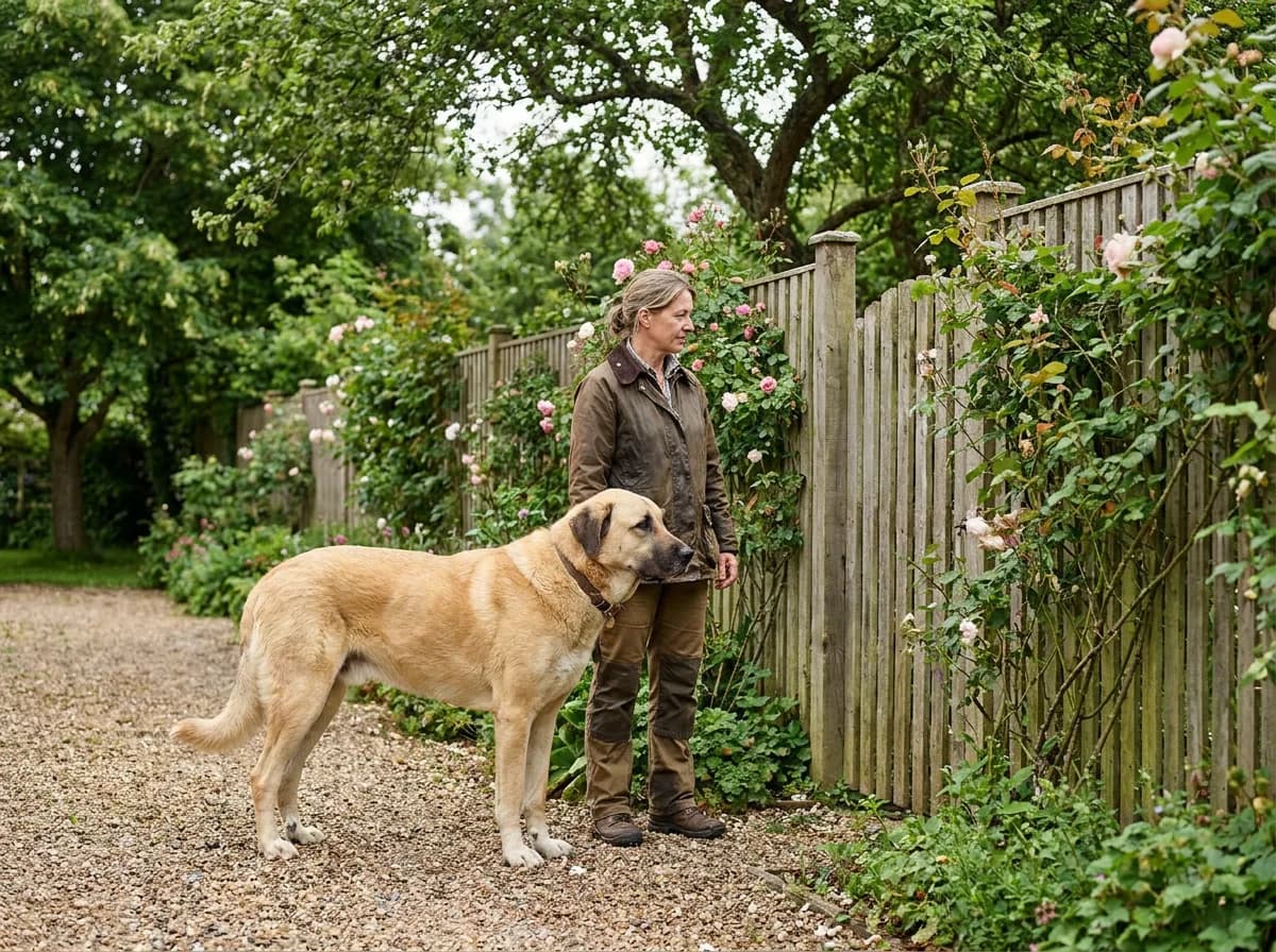 Anatolian Shepherd standing beside an adult on a level garden path.
