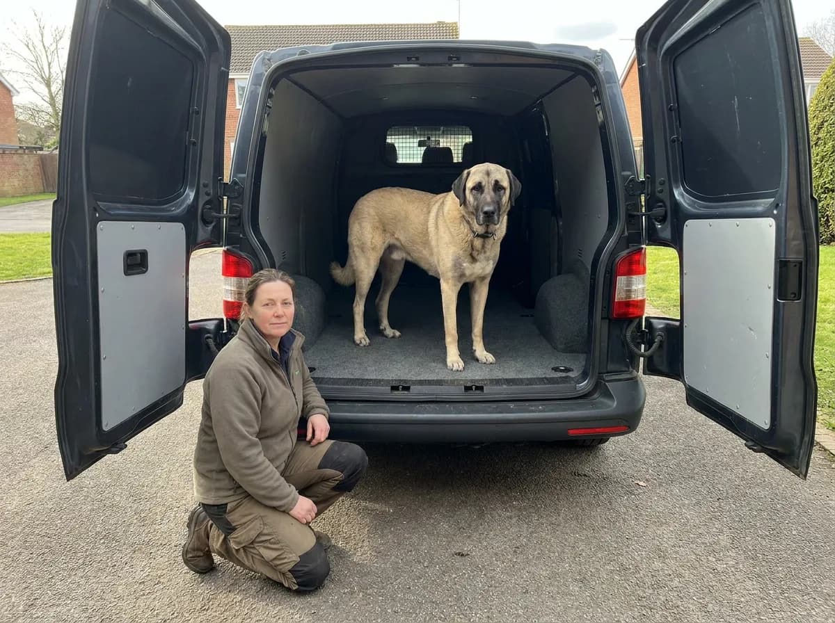 Adult Anatolian Shepherd standing in the open rear compartment of a parked van beside a handler.