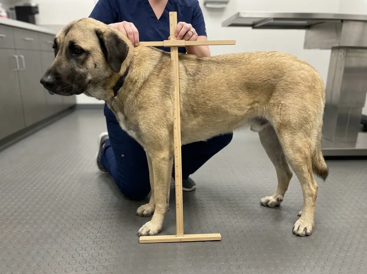 Anatolian Shepherd standing beside a measuring stick with a horizontal arm at the shoulders.