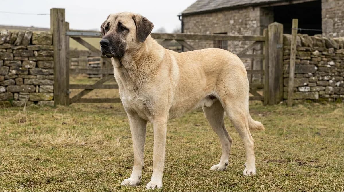 Adult fawn Anatolian Shepherd standing on grass beside a stone wall.