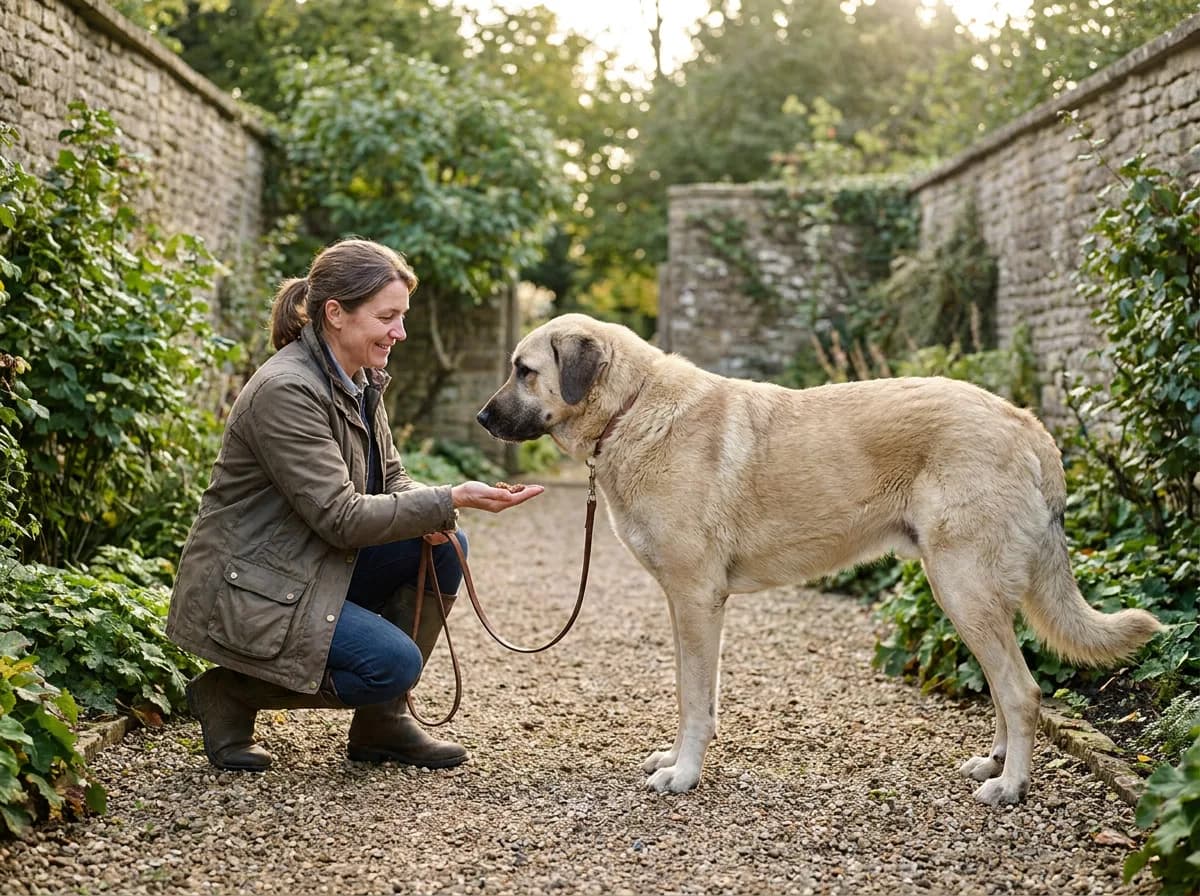 An adult offers a reward to an attentive Anatolian Shepherd on a loose lead.