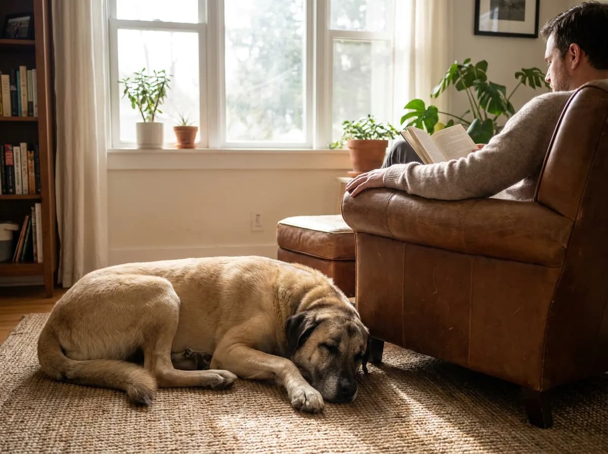 Anatolian Shepherd rests on the floor beside a seated adult.