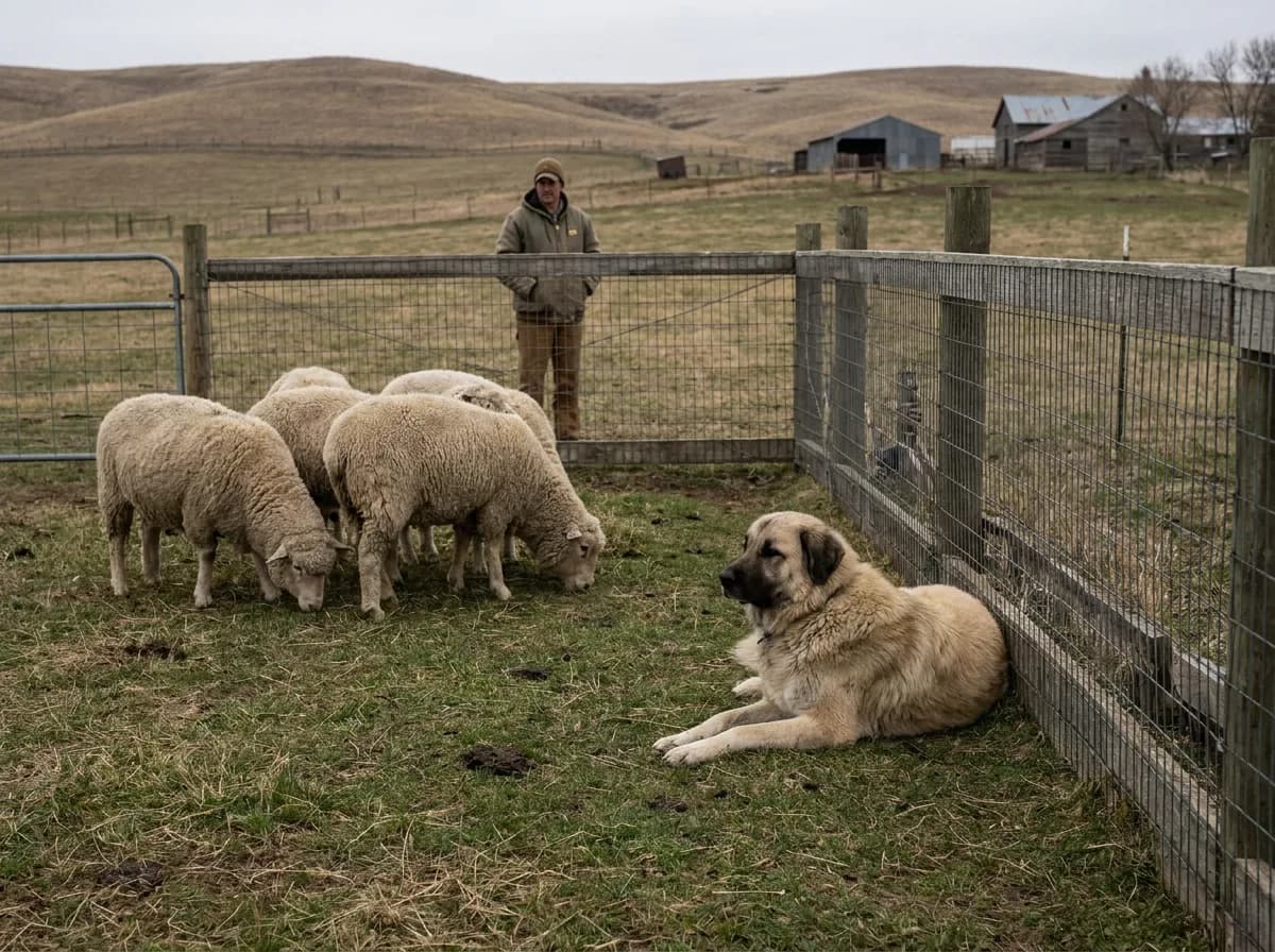 Anatolian Shepherd rests near sheep while an adult stands beyond the fence.