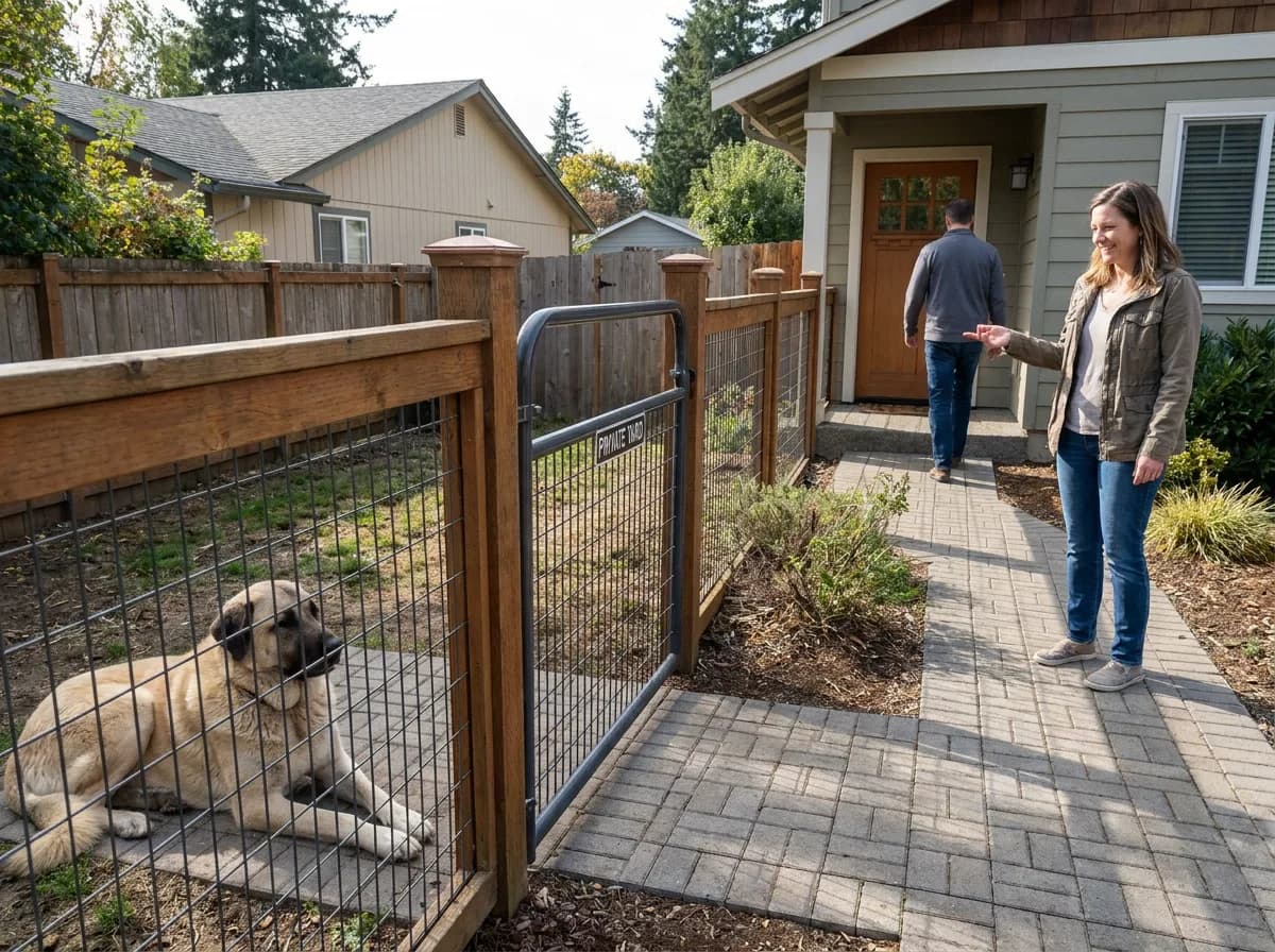 Anatolian Shepherd behind a closed gate beside a separate walkway used by adults.