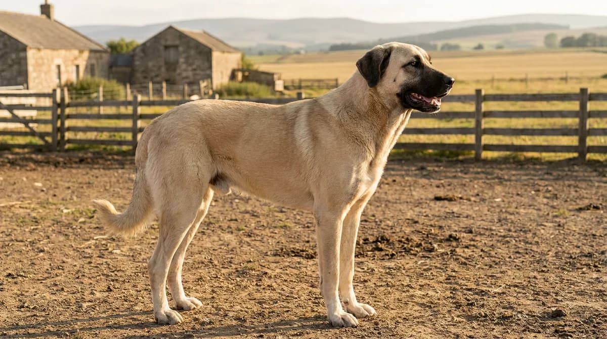 Fawn Anatolian Shepherd standing alert in a fenced rural yard.