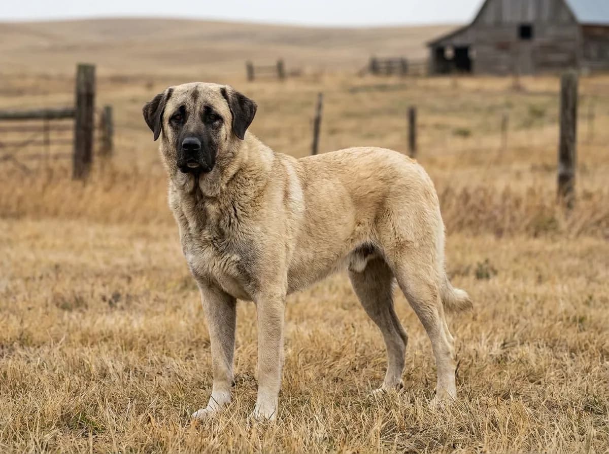 Fawn Anatolian Shepherd standing in a dry field with its short coat visible.